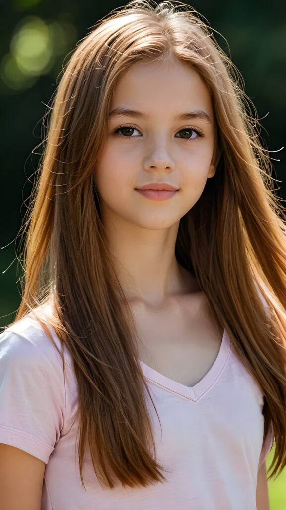 detailed and realistic close-up portrait: a (((beautiful petite teen girl, 13 years old with (long straight soft detailed amber hair, side swept style with wispy layers) and brown eyes))), looks seductively and smiles gently, who exudes a distinct (((sharpness))), coupled with (((pale skin))) and (((vividly full lips))) that curve into, dressed in a (((light pink plain t-shirt, deep v-neck)))