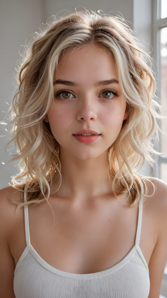 detailed and realistic photo: a beautiful, breathtaking teenage girl with soft platinum blond wavy messy hair looks at the viewer in amazement. The hair reaches down to the shoulders and is cut straight. She has a round face, smooth, white skin and full, plump lips. Her mouth is slightly open with white teeth. The picture is bathed in warm light and creates perfect shadows. She wears a thin, tight-fitting tank top that emphasizes her wonderful body. Her beautiful brown eyes reflect a little light. ((stunning)) ((gorgeous)) ((white background))