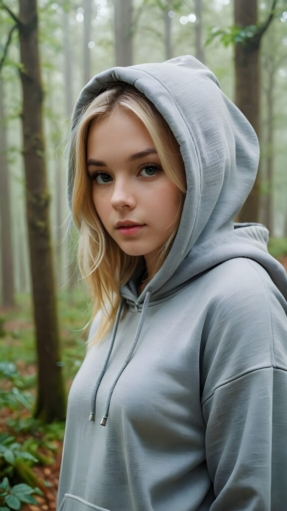 detailed and realistic pictures: a young blond girl in a big foggy forest, feel lonely, she wears a hoodie