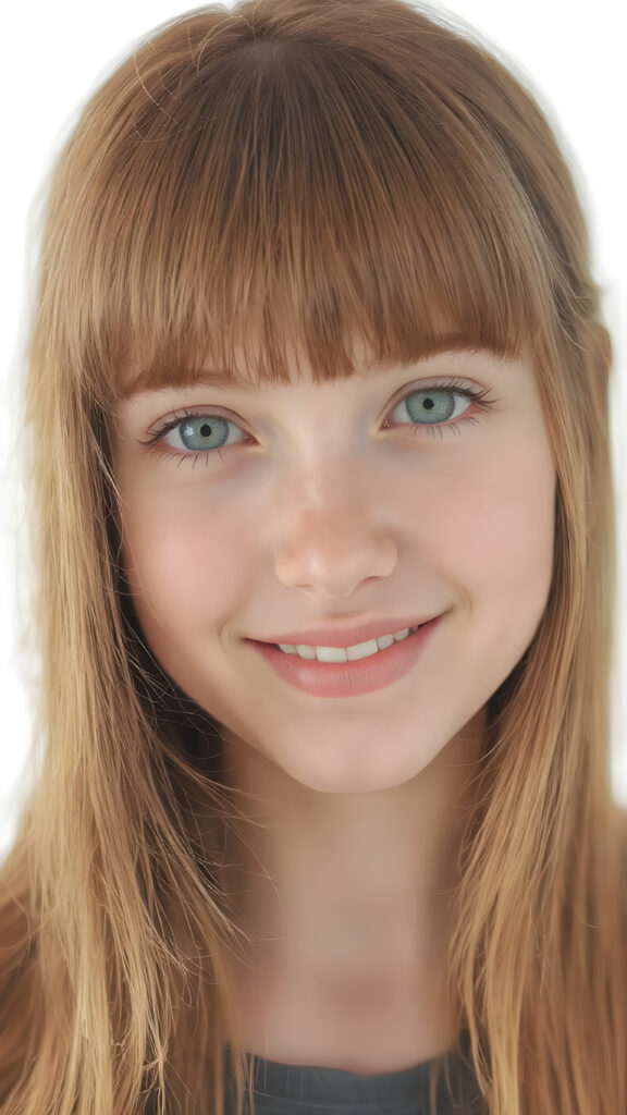 detailed and realistic head portrait, a thoughtful (((cute adult girl))) with long soft red straight hair, bangs, light green detailed eyes, white backdrop, focus on her round face, she smile, white teeth, front view