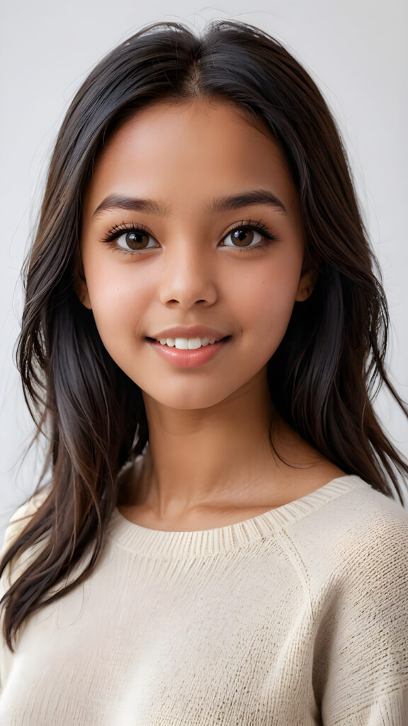 detailed and realistic photo: a beautiful, breathtaking brown-skinned teenage girl with silky smooth obsidian soft black straight hair looks at the viewer in amazement. The hair reaches down to the shoulders and is cut straight. She has a round face, smooth, white skin and full, plump lips. Her mouth is slightly open with white teeth. The picture is bathed in warm light and creates perfect shadows. She wears a thin, tight-fitting sweater that emphasizes her wonderful body. Her beautiful brown eyes reflect a little light. ((stunning)) ((gorgeous)) ((white background))