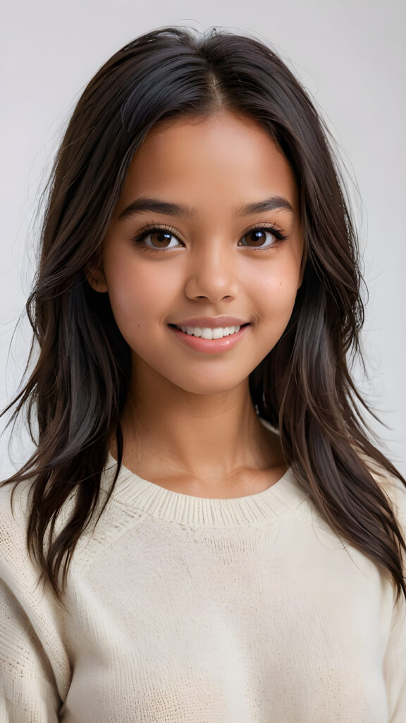 detailed and realistic photo: a beautiful, breathtaking brown-skinned teenage girl with silky smooth obsidian soft black straight hair looks at the viewer in amazement. The hair reaches down to the shoulders and is cut straight. She has a round face, smooth, white skin and full, plump lips. Her mouth is slightly open with white teeth. The picture is bathed in warm light and creates perfect shadows. She wears a thin, tight-fitting sweater that emphasizes her wonderful body. Her beautiful brown eyes reflect a little light. ((stunning)) ((gorgeous)) ((white background))