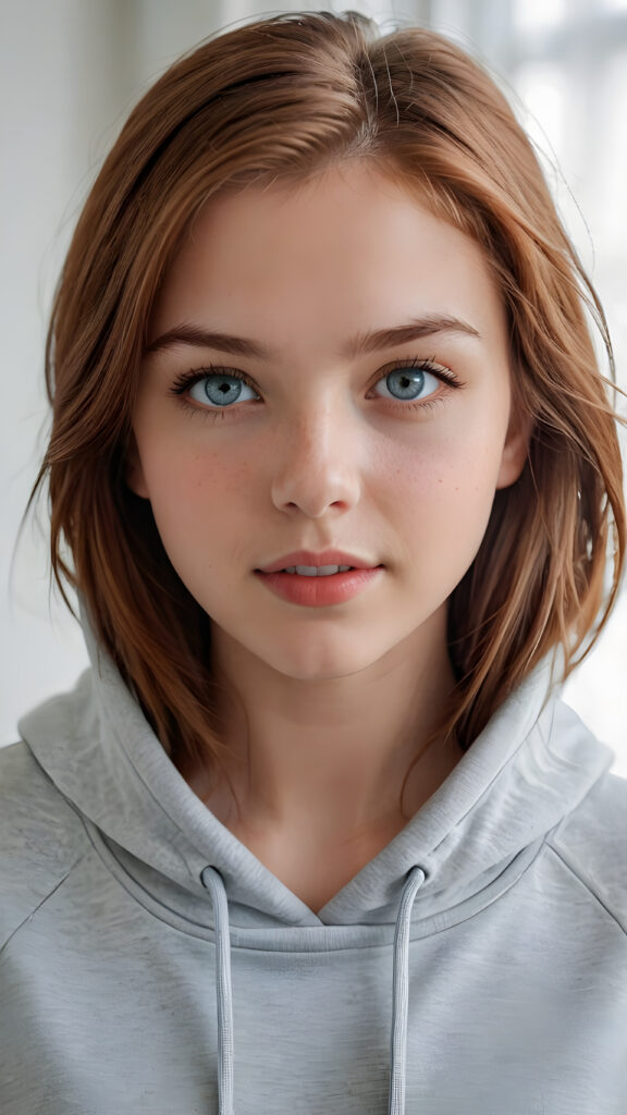 detailed and realistic photo: a beautiful, breathtaking teenage girl, 13 years old, with soft auburn straight hair and (light blue eyes)) looks at the viewer in amazement. The hair reaches down to the shoulders and is cut straight. She has a round face, smooth, white skin and full red lips. Her mouth is slightly open with white teeth. The picture is bathed in warm light and creates perfect shadows. She wears a ((thin, tight-fitting grey hoodie)) that emphasizes her wonderful body. Her beautiful brown eyes reflect a little light. ((stunning)) ((gorgeous)) ((white background))