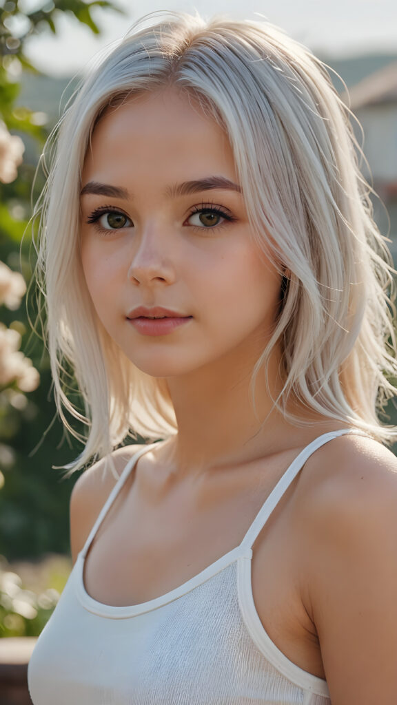 detailed and realistic photo from a very young girl, soft straight jet white hair, close up, thin dressed in a spaghetti tank top, perfect body