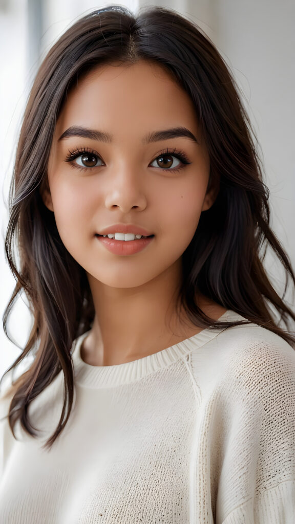 detailed and realistic photo: a beautiful, breathtaking brown-skinned teenage girl with silky smooth obsidian soft black straight hair looks at the viewer in amazement. She has a round face, smooth, white skin and full, plump lips. Her mouth is slightly open with white teeth. The picture is bathed in warm light and creates perfect shadows. She wears a thin, tight-fitting sweater that emphasizes her wonderful body. Her beautiful brown eyes reflect a little light. ((stunning)) ((gorgeous)) ((white background))