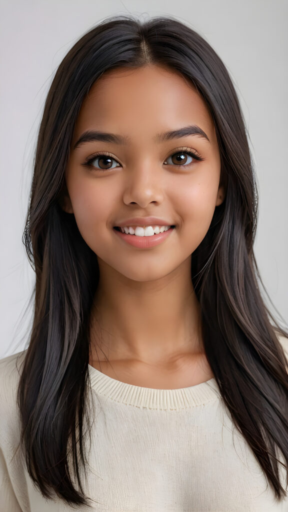 detailed and realistic photo: a beautiful, breathtaking brown-skinned teenage girl with silky smooth obsidian soft black straight hair looks at the viewer in amazement. The hair reaches down to the shoulders and is cut straight. She has a round face, smooth, white skin and full, plump lips. Her mouth is slightly open with white teeth. The picture is bathed in warm light and creates perfect shadows. She wears a thin, tight-fitting sweater that emphasizes her wonderful body. Her beautiful brown eyes reflect a little light. ((stunning)) ((gorgeous)) ((white background))