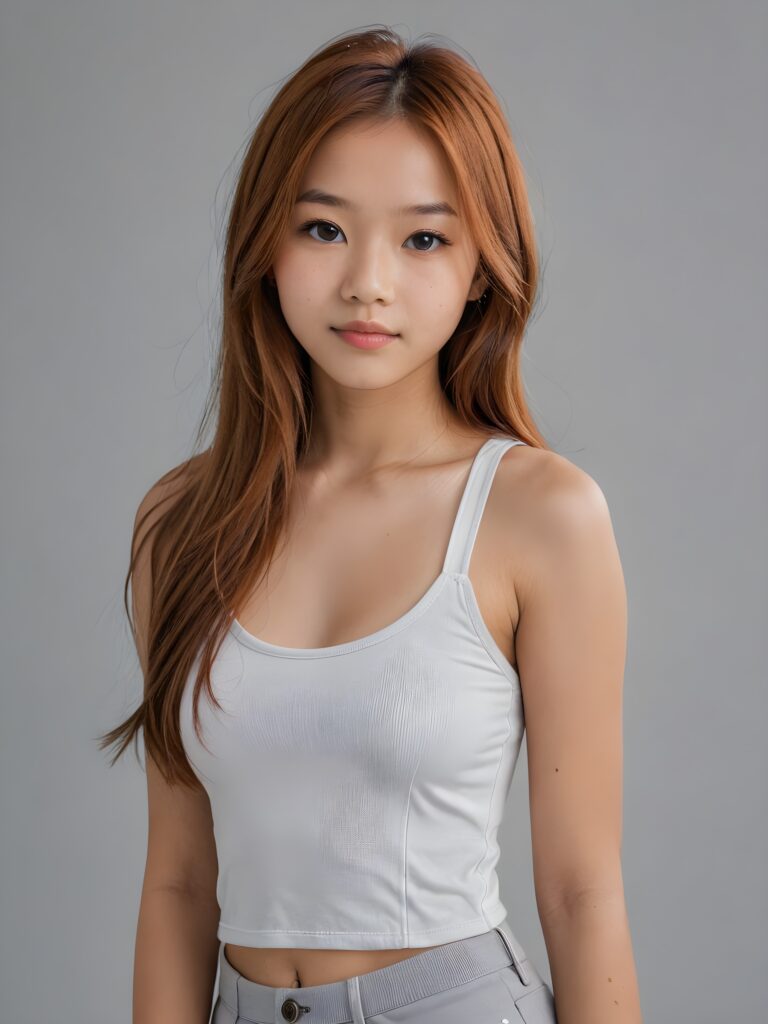 detailed and realistic portrait: an Asian teen girl, 15 years old, (((long, straight copper hair))), beautifully realistic, realistic detailed angelic round face, looks at the camera, perfect curved body, (wears a super short tight (white crop tank top), perfect anatomy, side perspective, ((grey background))