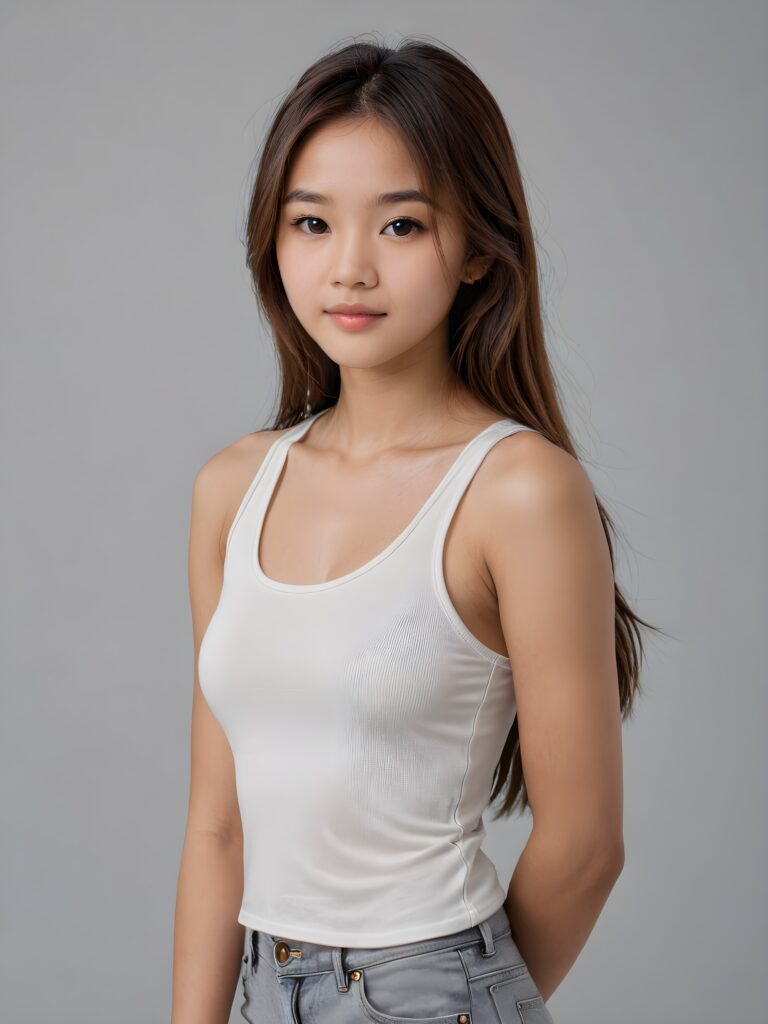 detailed and realistic portrait: an Asian teen girl, 15 years old, (((long, straight brown hair))), beautifully realistic, realistic detailed angelic round face, looks at the camera, perfect curved body, (wears a super short tight (white crop tank top), perfect anatomy, side perspective, ((grey background))