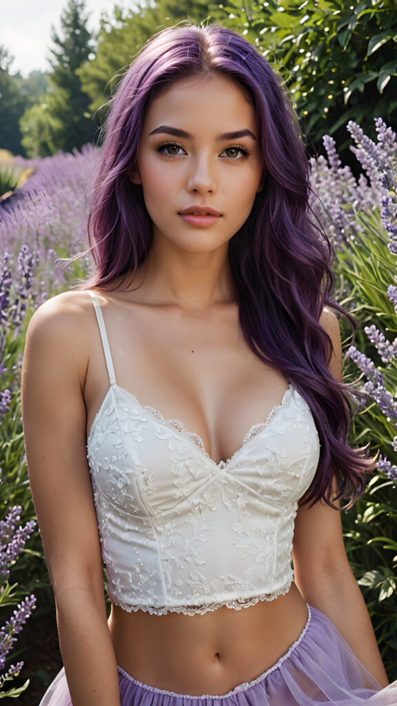 detailed and super realistic photo from a young, beautiful well busty girl with ((long, straight jet soft purple hair)) and delicate, (natural looking) light makeup, contrasted against a background of (lavender flowers and petals). The image exudes an elegant and noble aesthetic, reminiscent of a scene from a fantasy romance film, where the character's face and dress are perfectly captured, with (accurate anatomy) and (hyper-detailed features) that convey a sense of natural beauty and sophistication, she has beautiful deep black eyes and perfectly smooth flawless skin. She has full, plump kissable lips and a slightly open mouth with white teeth. She wears a tight, white plain tank top, which emphasizes her perfectly shaped body