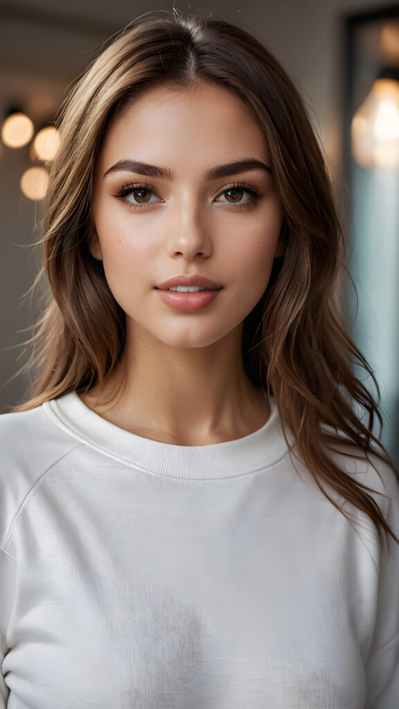 detailed and super realistic photo from a young, beautiful girl with silky, smooth, shiny hazelnut straight hair, beautiful deep black eyes, perfectly smooth flawless skin. She has full, plump kissable lips and a slightly open mouth with white teeth. She wears a tight, white plain sweatshirt, which emphasizes her perfectly shaped body.