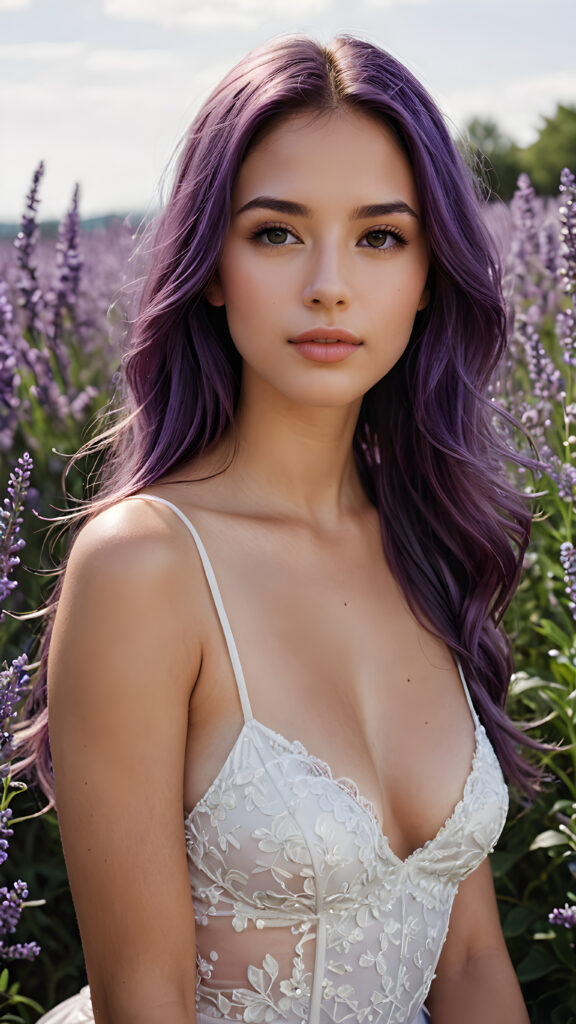 detailed and super realistic photo from a young, beautiful well busty girl with ((long, straight jet soft purple hair)) and delicate, (natural looking) light makeup, contrasted against a background of (lavender flowers and petals). The image exudes an elegant and noble aesthetic, reminiscent of a scene from a fantasy romance film, where the character's face and dress are perfectly captured, with (accurate anatomy) and (hyper-detailed features) that convey a sense of natural beauty and sophistication, she has beautiful deep black eyes and perfectly smooth flawless skin. She has full, plump kissable lips and a slightly open mouth with white teeth. She wears a tight, white plain tank top, which emphasizes her perfectly shaped body