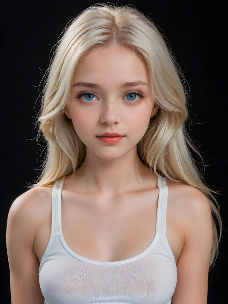 detailed and super realistic upper-body photo ((view form the side)), from the most enchanting and fascinating teenage girl, with ((straight soft platinum long hair falls over her upper body)), ((round face with light blue eyes)), the hair covers her forehead, she is ((wearing a thin short (white tank top))) which emphasizes her perfectly formed body, she looks seductively at the viewer and has (plump red lips)) and flawless, smooth skin, dimmed light and perfect shadows support the image ((black background)), ((gorgeous))