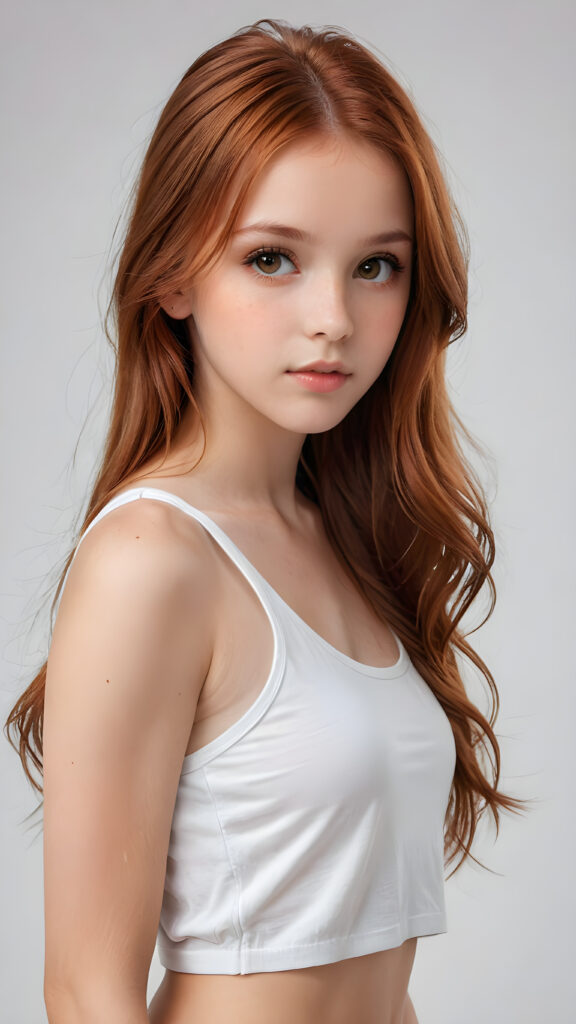 detailed and super realistic photo from the most enchanting and fascinating teen model girl, 13 years old, with ((long, straight soft auburn red hair)) and ((realistic amber eyes)), the hair covers her forehead, she is wearing a ((thin short crop white tank top)) which emphasizes her perfectly formed body, she looks seductively at the viewer and has beautiful lips ((minimal backdrop))