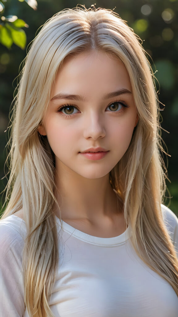 detailed and super realistic photo from the most enchanting and fascinating teen girl, 17 years old, with long, straight soft platinum hair. The hair covers her forehead. She is wearing a thin short white t-shirt which emphasizes her perfectly formed body, she looks seductively at the viewer and has kissable lips