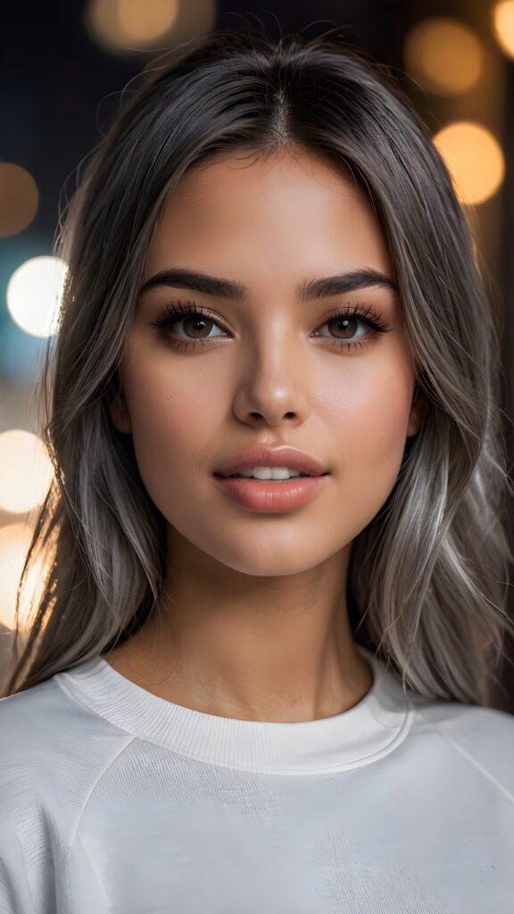 detailed and super realistic photo from a young, beautiful girl with silky, smooth, shiny ash grey straight hair, beautiful deep black eyes, perfectly smooth flawless skin. She has full, plump kissable lips and a slightly open mouth with white teeth. She wears a tight, white plain sweatshirt, which emphasizes her perfectly shaped body.