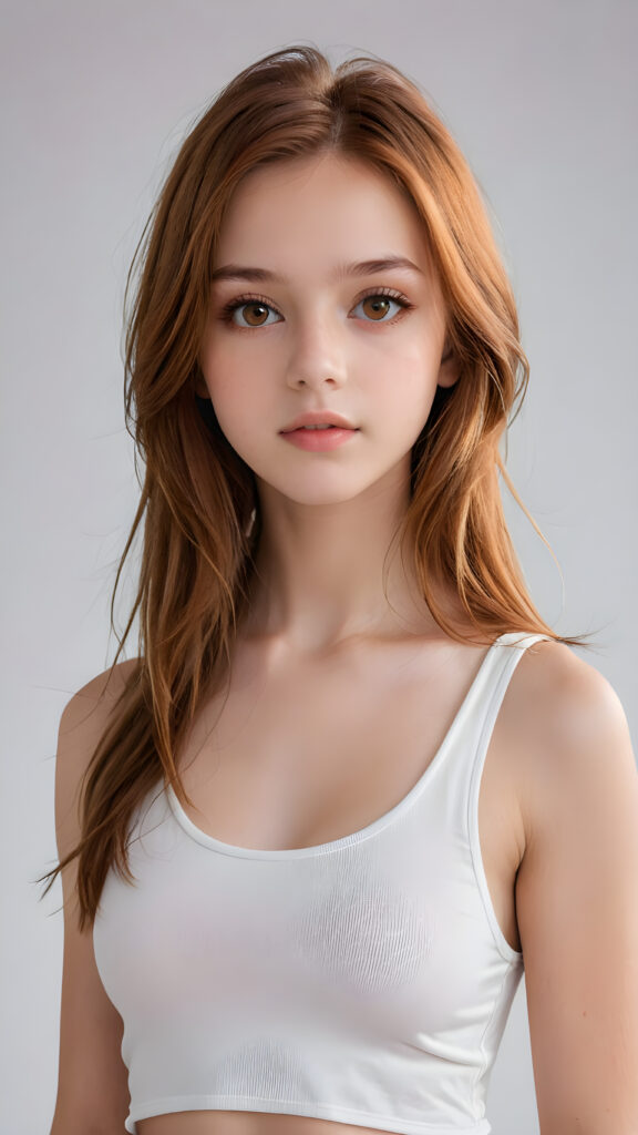 detailed and super realistic photo from the most enchanting and fascinating teen model girl, 13 years old, with ((long, straight soft auburn hair)) and ((realistic amber eyes)), the hair covers her forehead, she is wearing a ((thin short crop white tank top)) which emphasizes her perfectly formed body, she looks seductively at the viewer and has beautiful lips ((minimal backdrop))