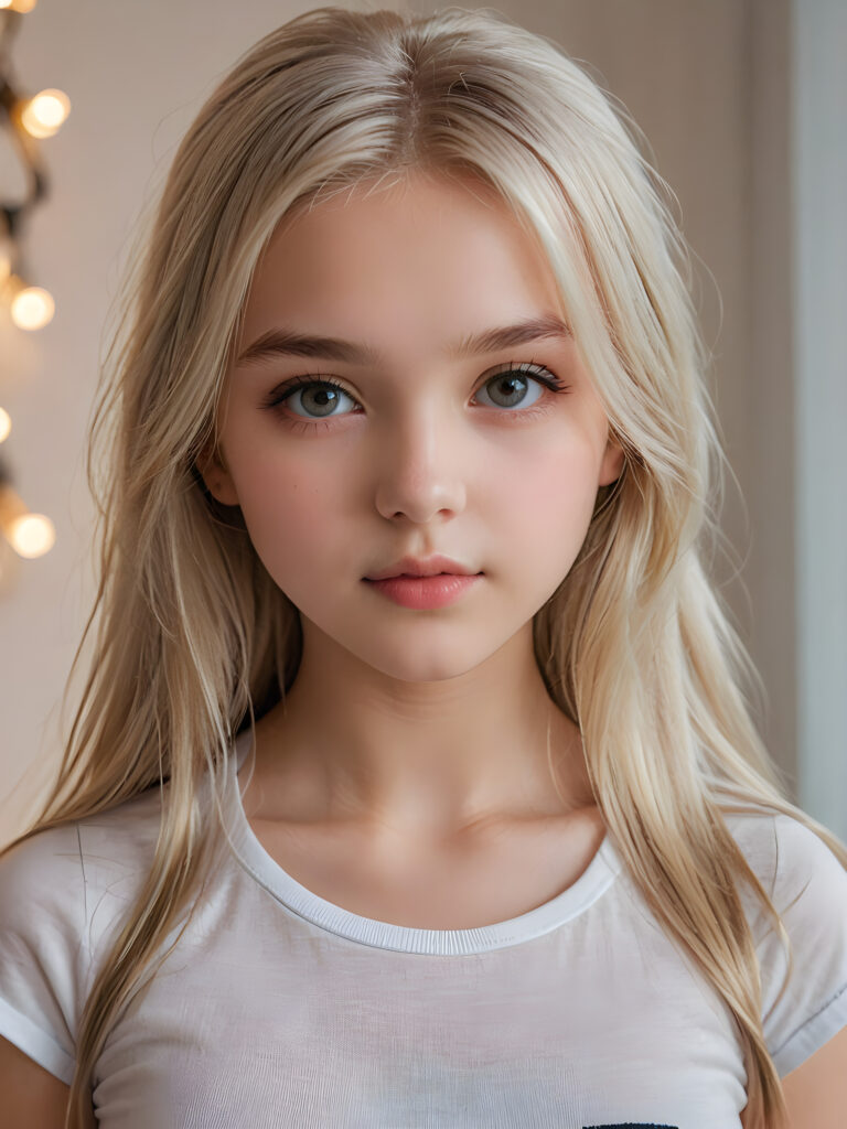 detailed and super realistic photo from the most enchanting and fascinating teen girl, 13 years old, with long, straight soft platinum hair and realistic eyes. The hair covers her forehead. She is wearing a thin short white t-shirt which emphasizes her perfectly formed body, she looks seductively at the viewer and has beautiful lips