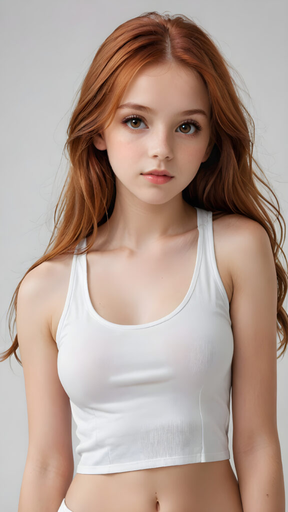 detailed and super realistic photo from the most enchanting and fascinating teen model girl, 13 years old, with ((long, straight soft auburn red hair)) and ((realistic amber eyes)), the hair covers her forehead, she is wearing a ((thin short crop white tank top)) which emphasizes her perfectly formed body, she looks seductively at the viewer and has beautiful lips ((minimal backdrop))