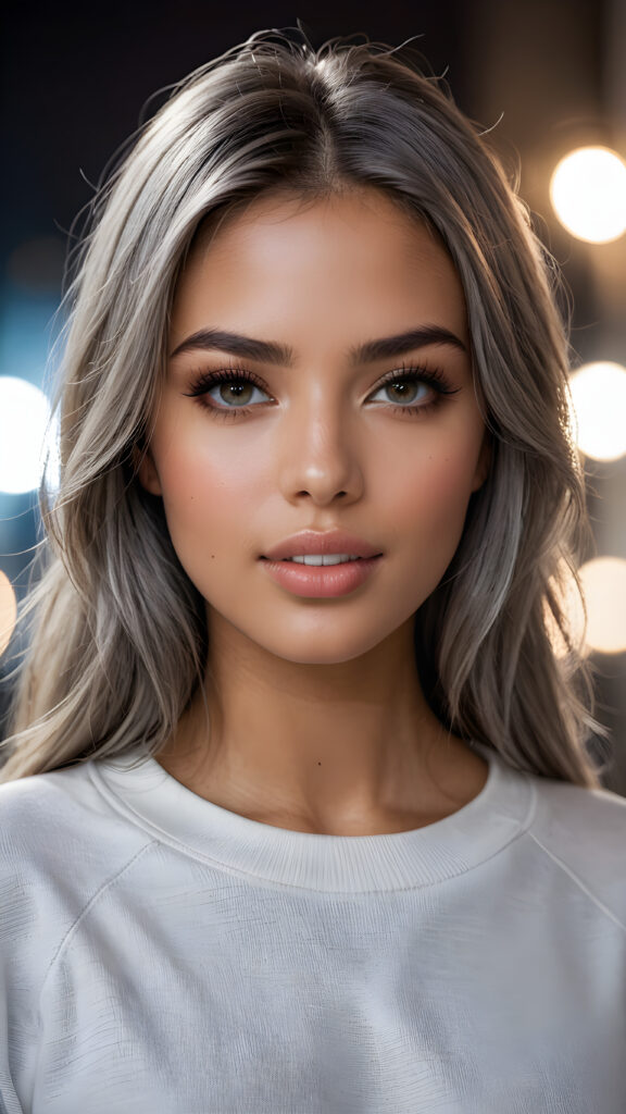 detailed and super realistic photo from a young, beautiful girl with silky, smooth, shiny ash grey straight hair, beautiful deep black eyes, perfectly smooth flawless skin. She has full, plump kissable lips and a slightly open mouth with white teeth. She wears a tight, white plain sweatshirt, which emphasizes her perfectly shaped body.