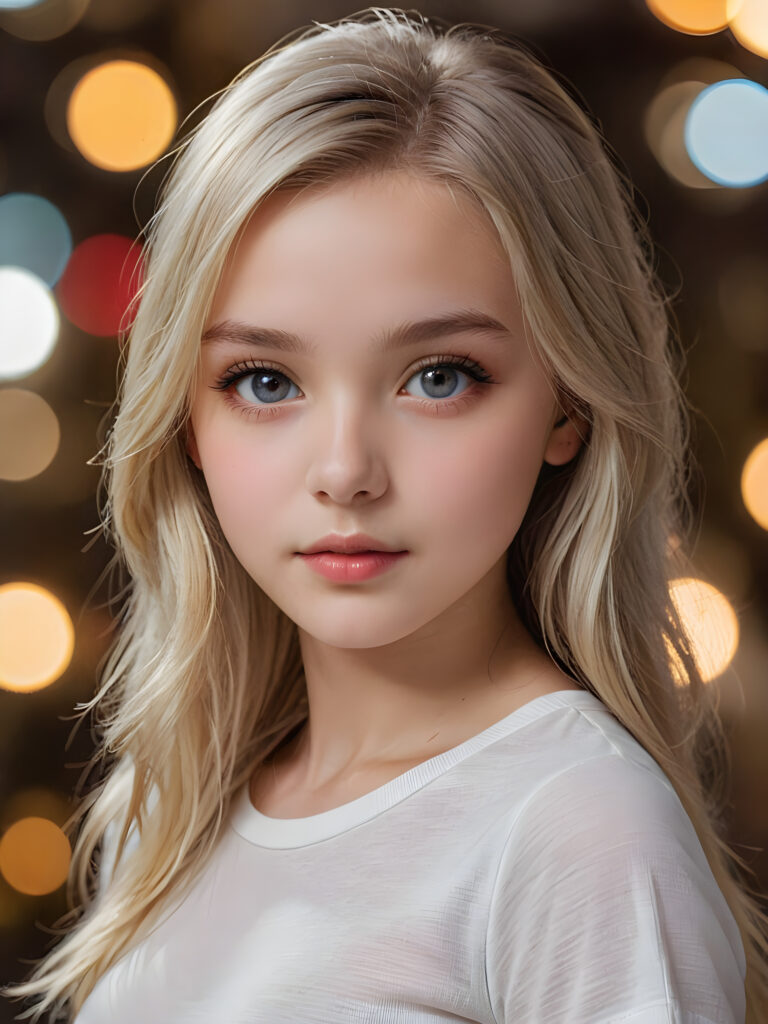 detailed and super realistic photo from the most enchanting and fascinating teen girl, 13 years old, with long, straight soft platinum hair and realistic eyes. The hair covers her forehead. She is wearing a thin short white t-shirt which emphasizes her perfectly formed body, she looks seductively at the viewer and has beautiful lips