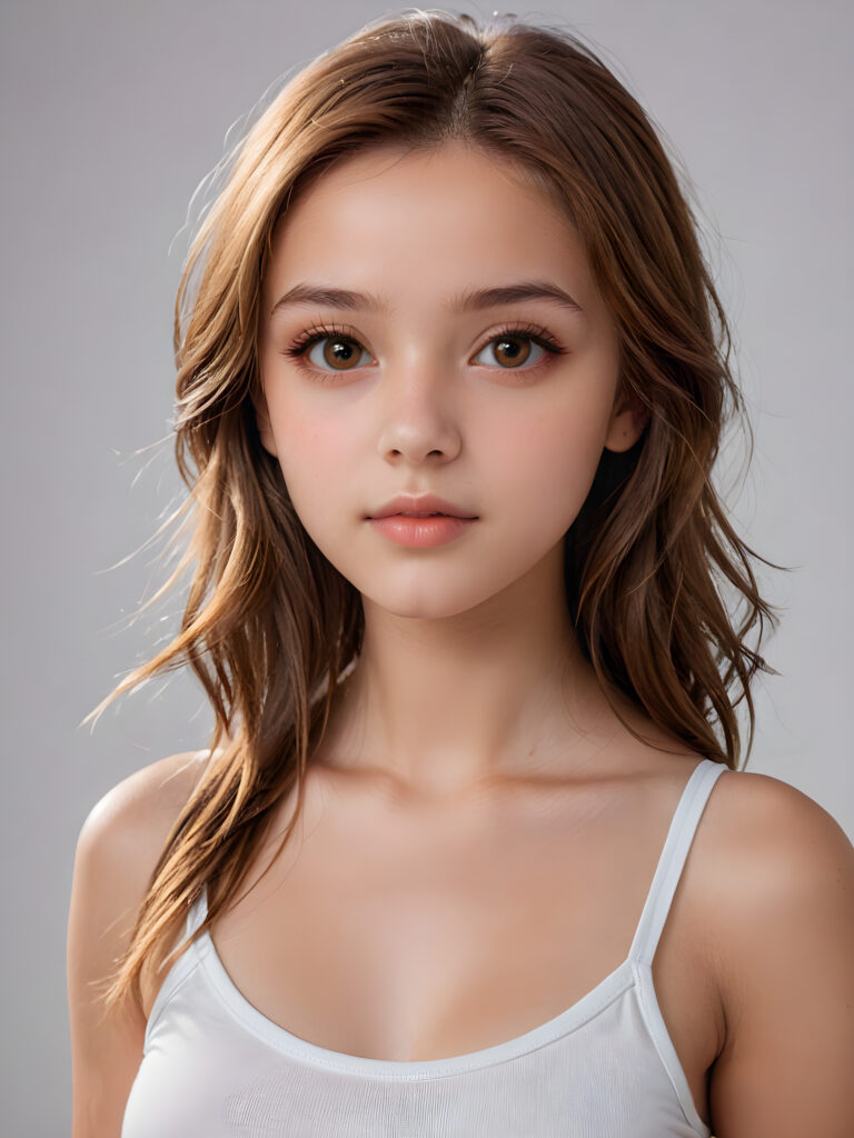 detailed and super realistic photo from the most enchanting and fascinating teen girl, 13 years old, with ((long, straight soft hazelnut brown hair)) and ((realistic amber eyes)), the hair covers her forehead, she is wearing a ((thin short crop white tank top)) which emphasizes her perfectly formed body, she looks seductively at the viewer and has beautiful lips ((minimal backdrop))