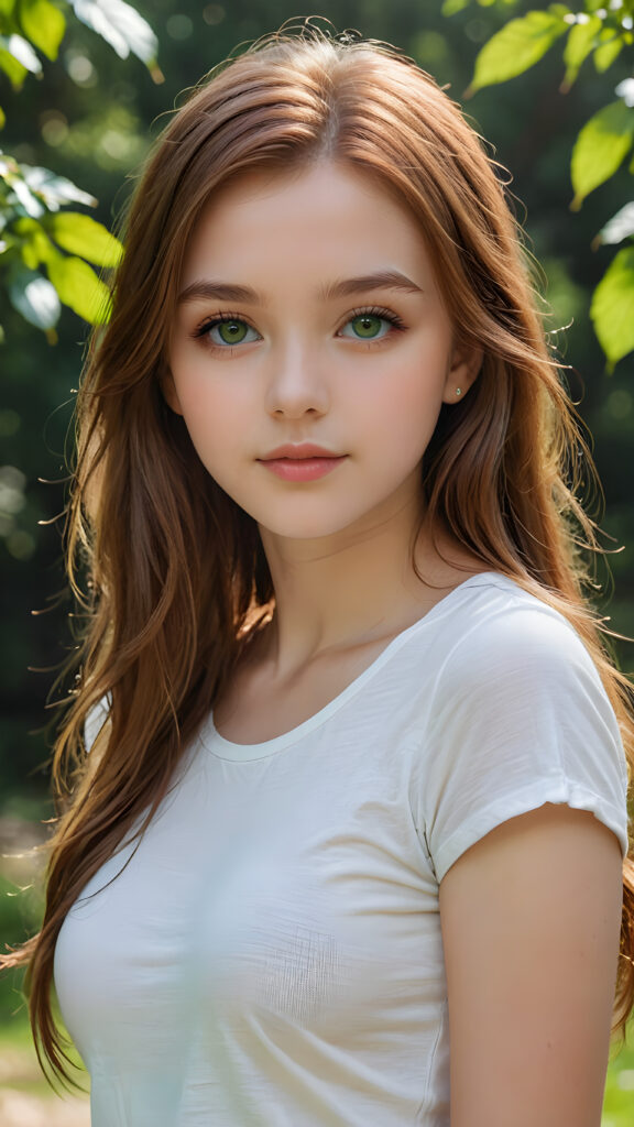 detailed and super realistic photo from the most enchanting and fascinating teen girl, 17 years old, with long, straight soft auburn hair and light green eyes, the hair covers her forehead, she is wearing a thin short white t-shirt which emphasizes her perfectly formed body, she looks seductively at the viewer and has kissable lips, natural backdrop