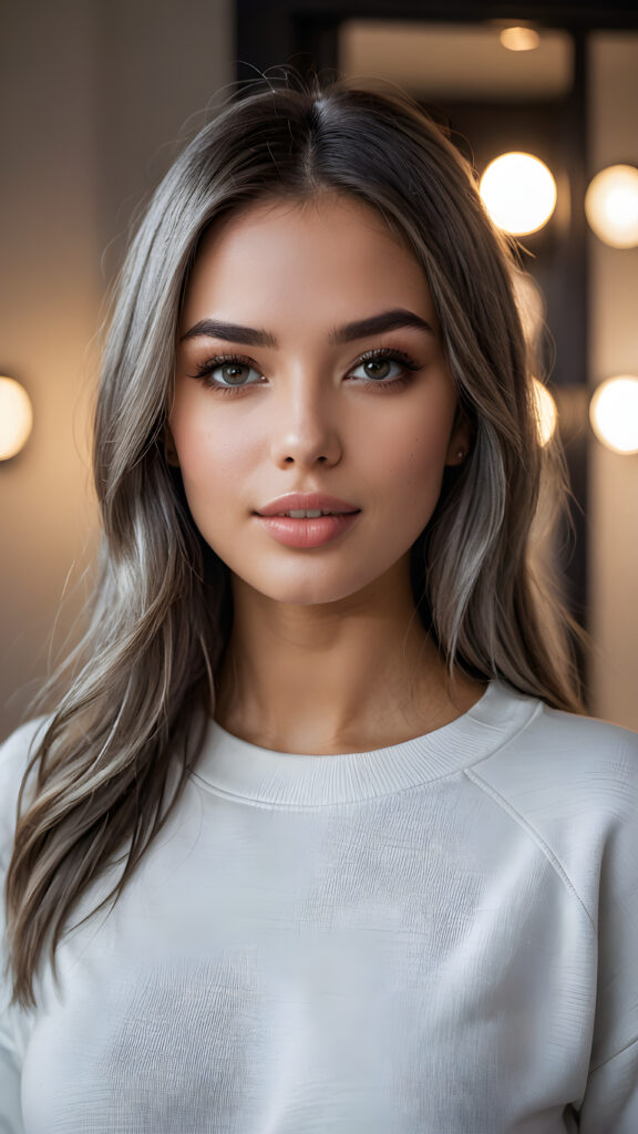 detailed and super realistic photo from a young, beautiful girl with silky, smooth, shiny ash grey straight hair, beautiful deep black eyes, perfectly smooth flawless skin. She has full, plump kissable lips and a slightly open mouth with white teeth. She wears a tight, white plain sweatshirt, which emphasizes her perfectly shaped body.