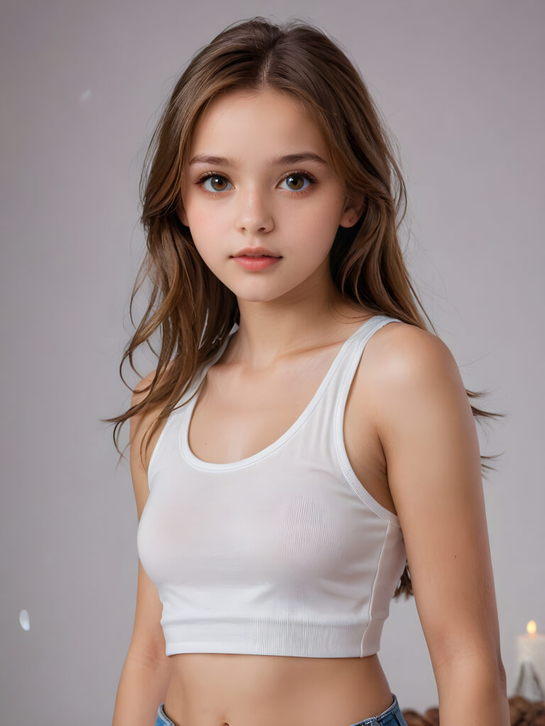 detailed and super realistic photo from the most enchanting and fascinating teen girl, 13 years old, with ((long, straight soft hazelnut brown hair)) and ((realistic amber eyes)), the hair covers her forehead, she is wearing a ((thin short crop white tank top)) which emphasizes her perfectly formed body, she looks seductively at the viewer and has beautiful lips ((minimal backdrop))