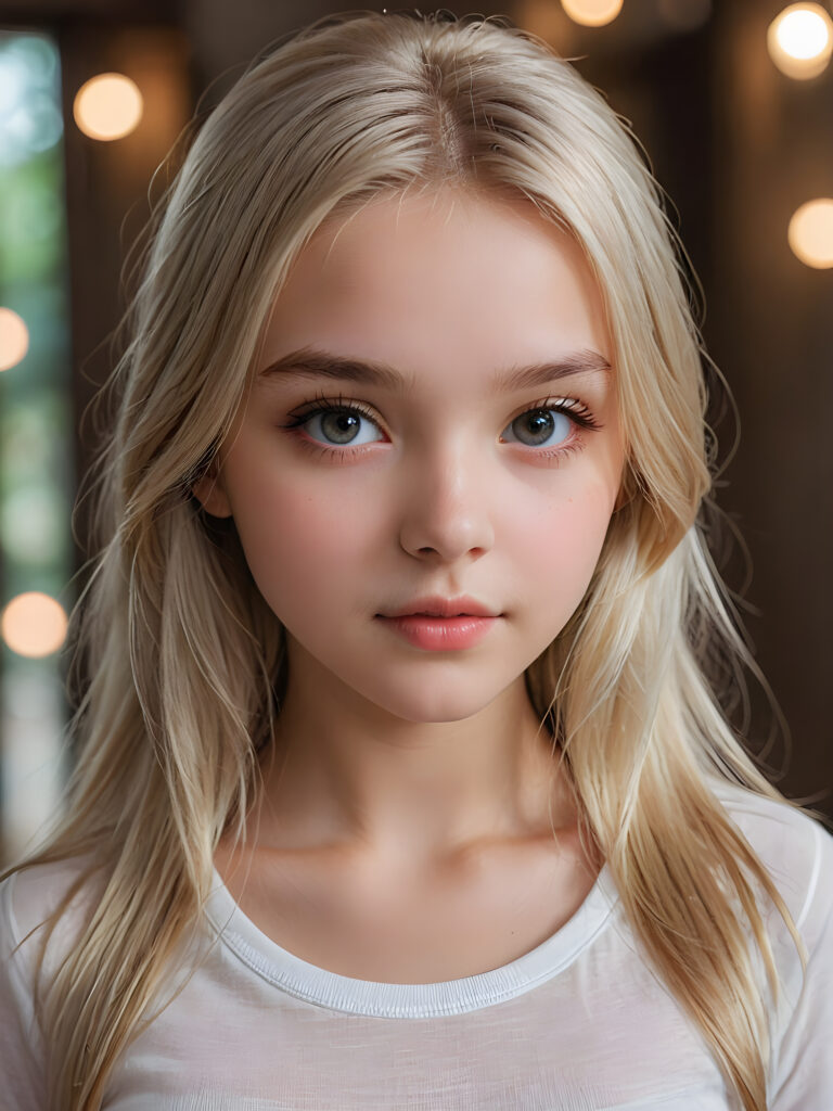 detailed and super realistic photo from the most enchanting and fascinating teen girl, 13 years old, with long, straight soft platinum hair and realistic eyes. The hair covers her forehead. She is wearing a thin short white t-shirt which emphasizes her perfectly formed body, she looks seductively at the viewer and has beautiful lips