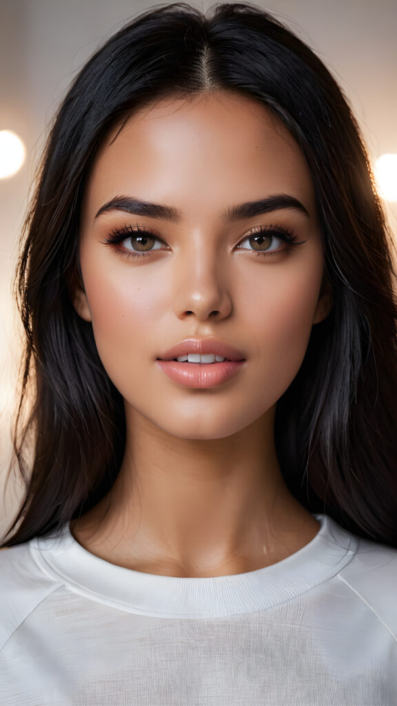 detailed and super realistic photo from a young, beautiful young model girl with silky, smooth, shiny long straight soft obsidian black straight hair, beautiful deep black eyes, perfectly smooth flawless skin. She has full, plump kissable lips and a slightly open mouth with white teeth. She wears a tight, white plain sweatshirt, which emphasizes her perfectly shaped body, against a empty backdrop