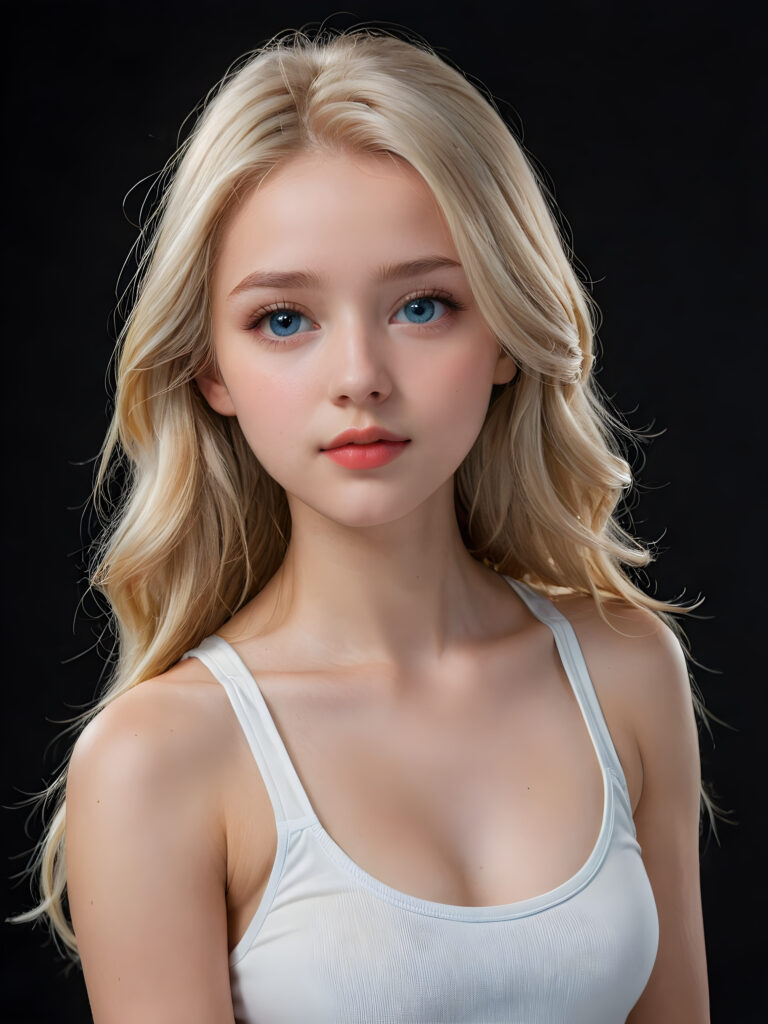 detailed and super realistic upper-body photo ((view form the side)), from the most enchanting and fascinating teenage girl, with ((straight soft platinum long hair falls over her upper body)), ((round face with light blue eyes)), the hair covers her forehead, she is ((wearing a thin short (white tank top))) which emphasizes her perfectly formed body, she looks seductively at the viewer and has (plump red lips)) and flawless, smooth skin, dimmed light and perfect shadows support the image ((black background)), ((gorgeous))