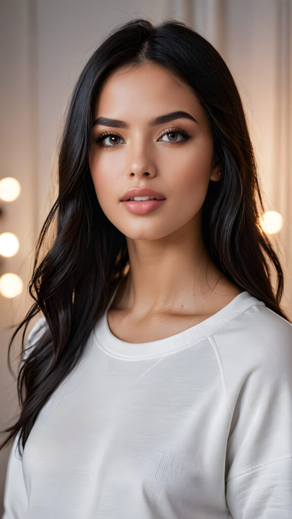 detailed and super realistic photo from a young, beautiful young model girl with silky, smooth, shiny long straight soft obsidian black straight hair, beautiful deep black eyes, perfectly smooth flawless skin. She has full, plump kissable lips and a slightly open mouth with white teeth. She wears a tight, white plain sweatshirt, which emphasizes her perfectly shaped body, against a empty backdrop