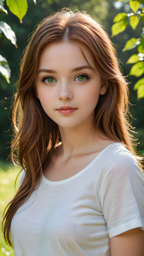 detailed and super realistic photo from the most enchanting and fascinating teen girl, 17 years old, with long, straight soft auburn hair and light green eyes, the hair covers her forehead, she is wearing a thin short white t-shirt which emphasizes her perfectly formed body, she looks seductively at the viewer and has kissable lips, natural backdrop