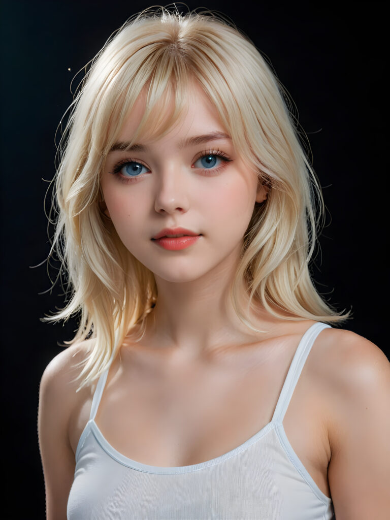 detailed and super realistic upper-body photo ((view form the side)), from the most enchanting and fascinating teenage girl, with ((straight soft platinum long hair falls over her upper body)), ((round face with light blue eyes)), the hair covers her forehead, she is ((wearing a thin short (white tank top))) which emphasizes her perfectly formed body, she looks seductively at the viewer and has (plump red lips)) and flawless, smooth skin, dimmed light and perfect shadows support the image ((black background)), ((gorgeous))