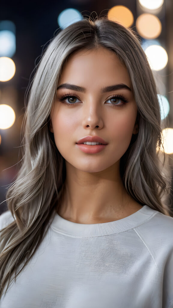 detailed and super realistic photo from a young, beautiful girl with silky, smooth, shiny ash grey straight hair, beautiful deep black eyes, perfectly smooth flawless skin. She has full, plump kissable lips and a slightly open mouth with white teeth. She wears a tight, white plain sweatshirt, which emphasizes her perfectly shaped body.