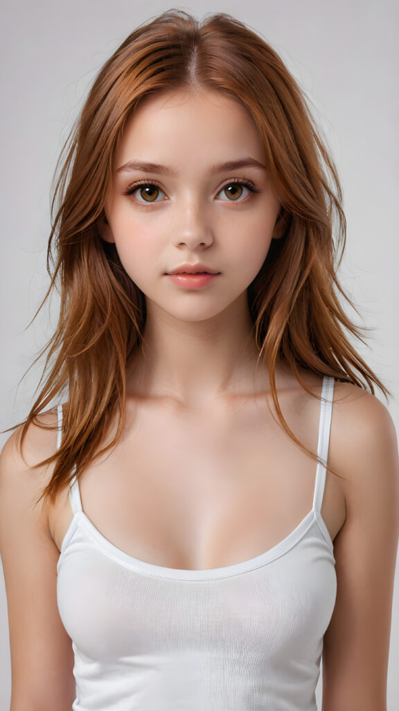 detailed and super realistic photo from the most enchanting and fascinating teen model girl, 13 years old, with ((long, straight soft auburn hair)) and ((realistic amber eyes)), the hair covers her forehead, she is wearing a ((thin short crop white tank top)) which emphasizes her perfectly formed body, she looks seductively at the viewer and has beautiful lips ((minimal backdrop))