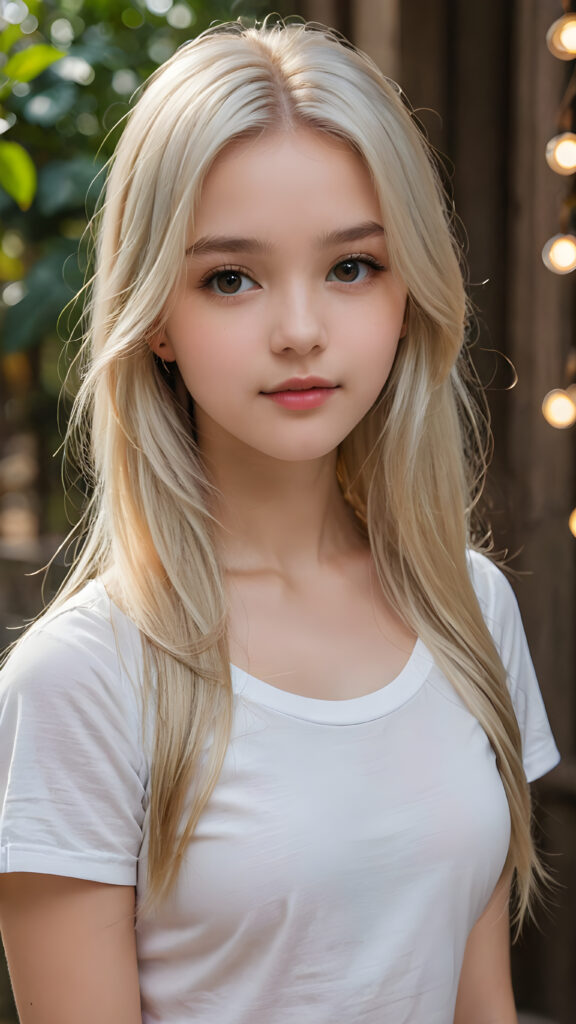 detailed and super realistic photo from the most enchanting and fascinating teen girl, 17 years old, with long, straight soft platinum hair. The hair covers her forehead. She is wearing a thin short white t-shirt which emphasizes her perfectly formed body, she looks seductively at the viewer and has kissable lips