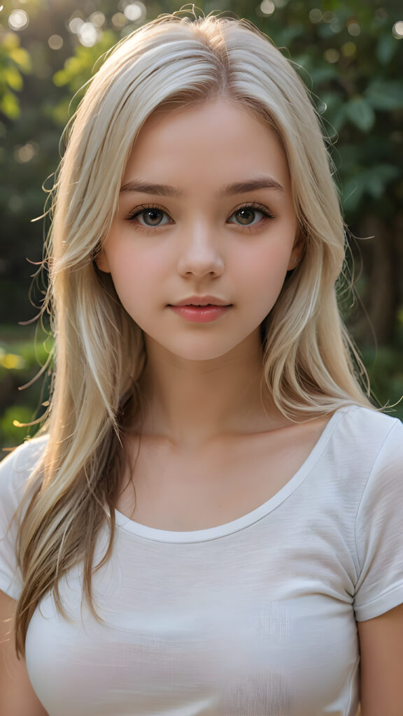 detailed and super realistic photo from the most enchanting and fascinating teen girl, 17 years old, with long, straight soft platinum hair. The hair covers her forehead. She is wearing a thin short white t-shirt which emphasizes her perfectly formed body, she looks seductively at the viewer and has kissable lips