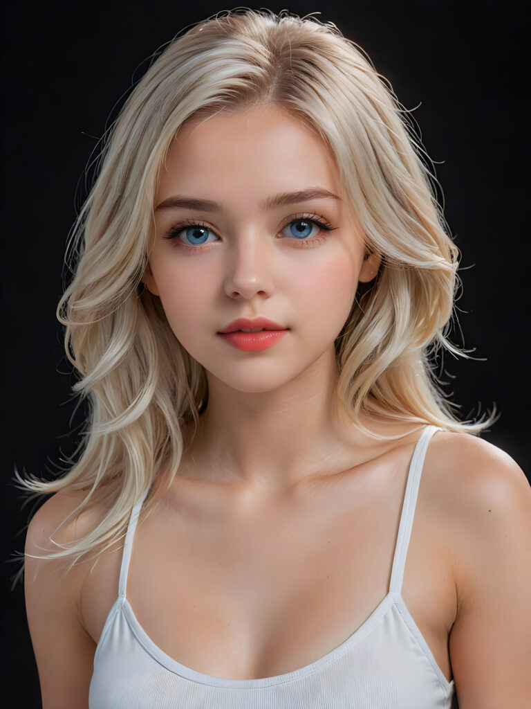 detailed and super realistic upper-body photo ((view form the side)), from the most enchanting and fascinating teenage girl, with ((straight soft platinum long hair falls over her upper body)), ((round face with light blue eyes)), the hair covers her forehead, she is ((wearing a thin short (white tank top))) which emphasizes her perfectly formed body, she looks seductively at the viewer and has (plump red lips)) and flawless, smooth skin, dimmed light and perfect shadows support the image ((black background)), ((gorgeous))