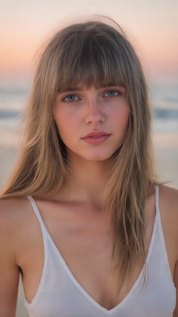 detailed full body photo: a teen tanned girl with soft hazelnut very long straight hair framing her face in gentle bangs, ((on a lonely beach with a sunrise)), she wears a thin tank top made of white silk, deep v-neck