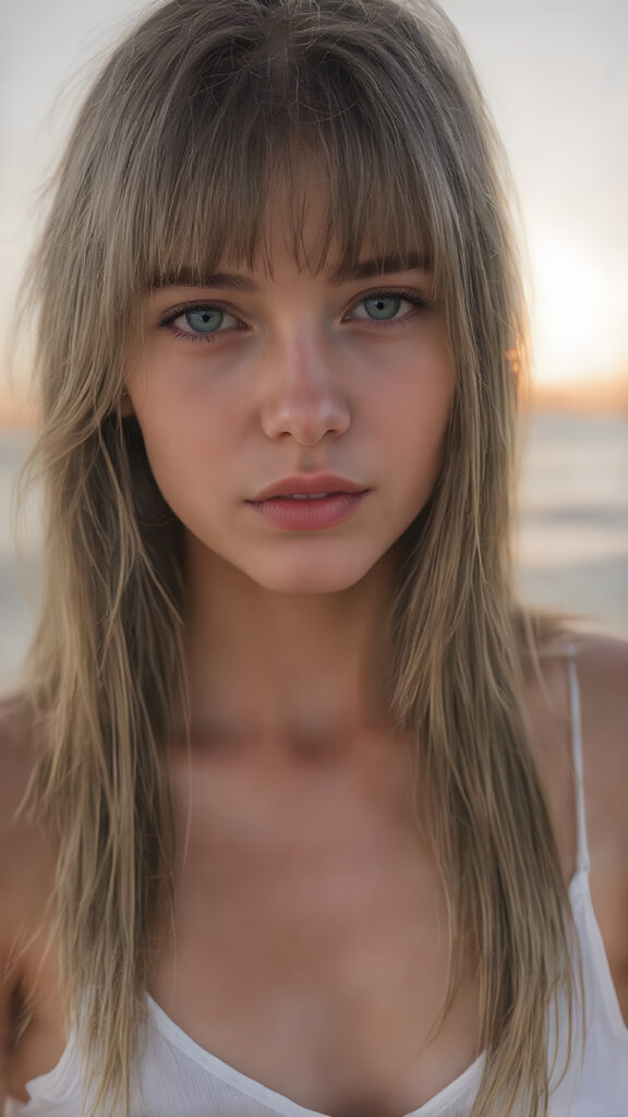 detailed full body photo: a teen tanned girl with soft hazelnut very long straight hair framing her face in gentle bangs, ((on a lonely beach with a sunrise)), she wears a thin tank top made of white silk, deep v-neck