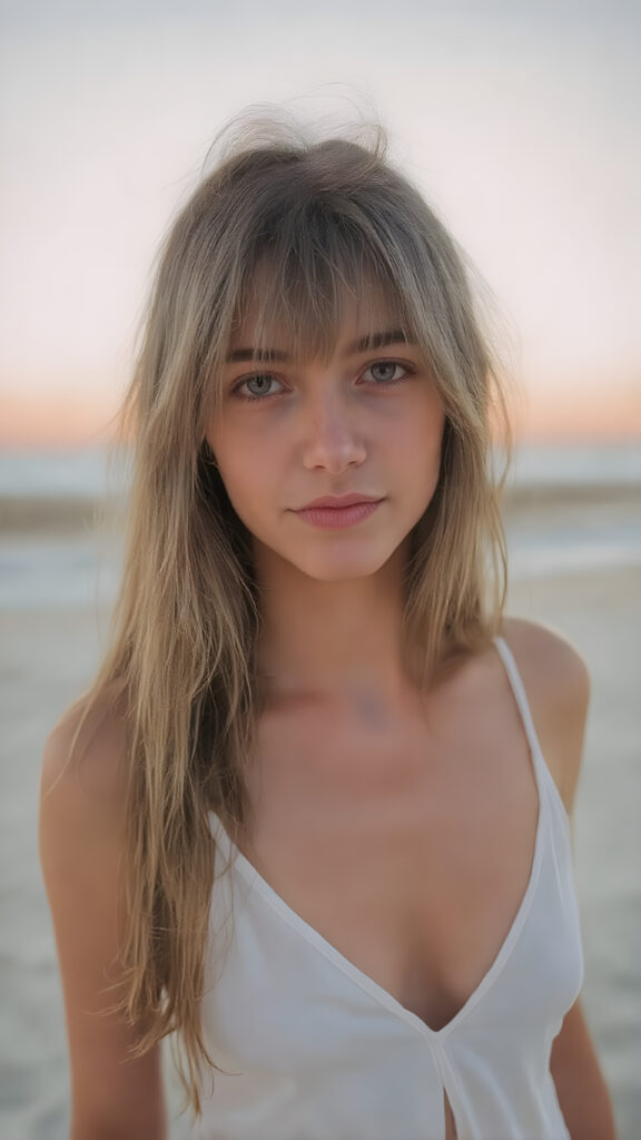 detailed full body photo: a teen tanned girl with soft hazelnut very long straight hair framing her face in gentle bangs, ((on a lonely beach with a sunrise)), she wears a thin tank top made of white silk, deep v-neck