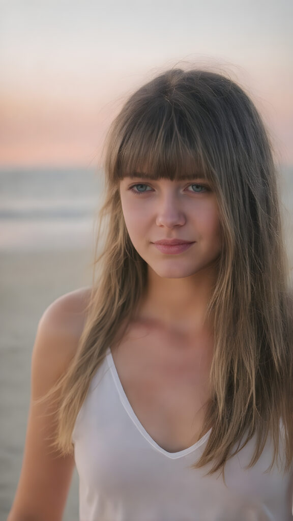 detailed full body photo: a teen tanned girl with soft hazelnut very long straight hair framing her face in gentle bangs, ((on a lonely beach with a sunrise)), she wears a thin tank top made of white silk, deep v-neck