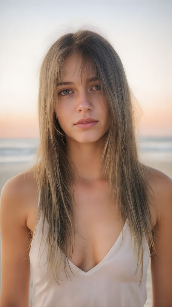 detailed full body photo: a teen tanned girl with soft hazelnut very long straight hair framing her face in gentle bangs, ((on a lonely beach with a sunrise)), she wears a thin tank top made of white silk, deep v-neck