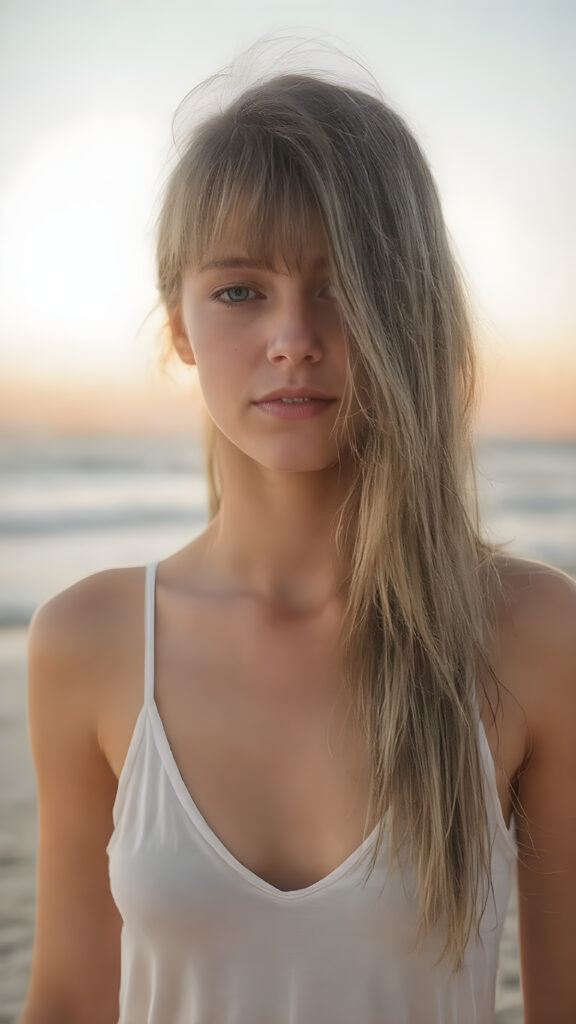 detailed full body photo: a teen tanned girl with soft hazelnut very long straight hair framing her face in gentle bangs, ((on a lonely beach with a sunrise)), she wears a thin tank top made of white silk, deep v-neck