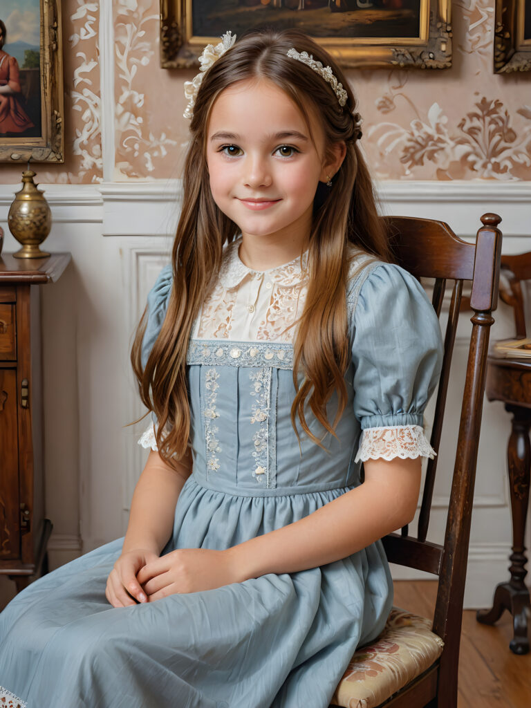 ((detailed painting)) a young cute girl, 12 years old, sits on a chair and looks sideways at the viewer. She has long, auburn straight hair and smiles slightly. The background shows an antique room from the 1800s. The girl is wearing a traditional thin dress from the 1800s. She has brown eyes.