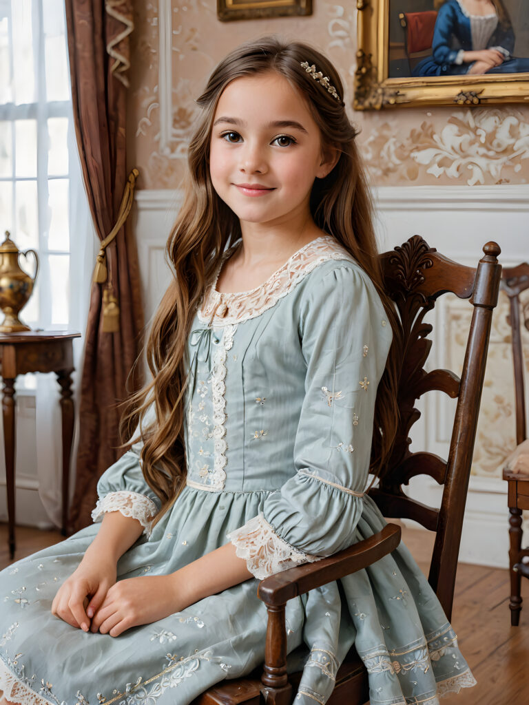 ((detailed painting)) a young cute girl, 12 years old, sits on a chair and looks sideways at the viewer. She has long, auburn straight hair and smiles slightly. The background shows an antique room from the 1800s. The girl is wearing a traditional thin dress from the 1800s. She has brown eyes.