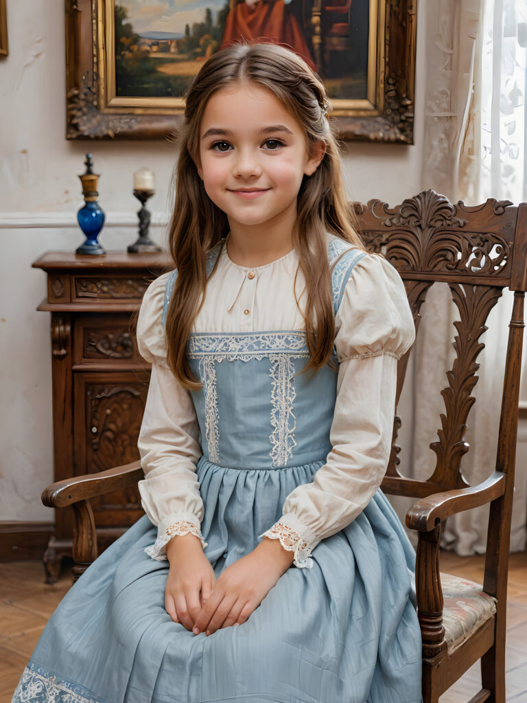 ((detailed painting)) a young cute girl, 12 years old, sits on a chair and looks sideways at the viewer. She has long, auburn straight hair and smiles slightly. The background shows an antique room from the 1800s. The girl is wearing a traditional thin dress from the 1800s. She has brown eyes.