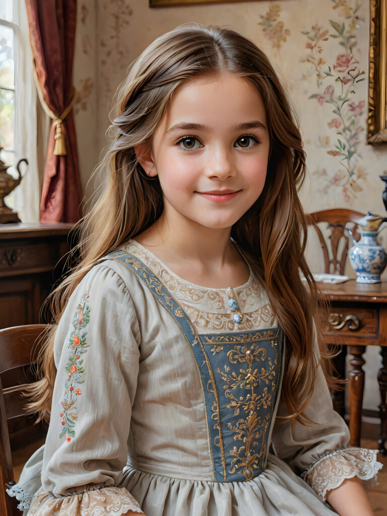 ((detailed painting)) a young cute girl, 12 years old, sits on a chair and looks sideways at the viewer. She has long, auburn straight hair and smiles slightly. The background shows an antique room from the 1800s. The girl is wearing a traditional thin dress from the 1800s. She has brown eyes.