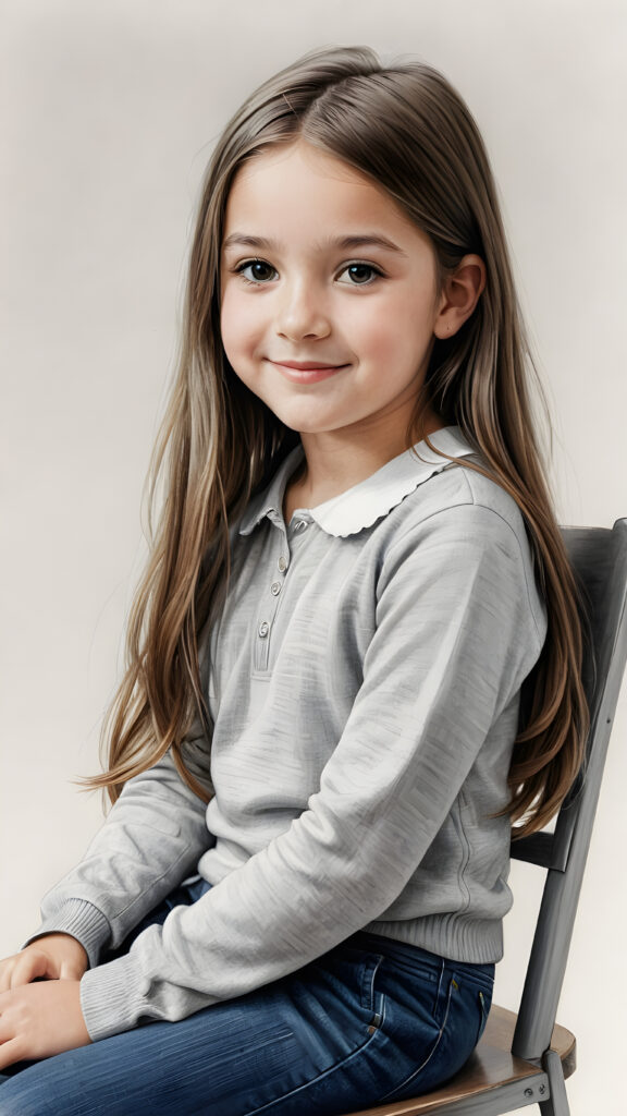 ((detailed pencil drawing)) a young cute girl, 12 years old, sits on a chair and looks sideways at the viewer. She has long, straight hair and smiles slightly